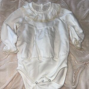 Cream Bodysuit with Ruffled Cuffs and Peter Pan Collar